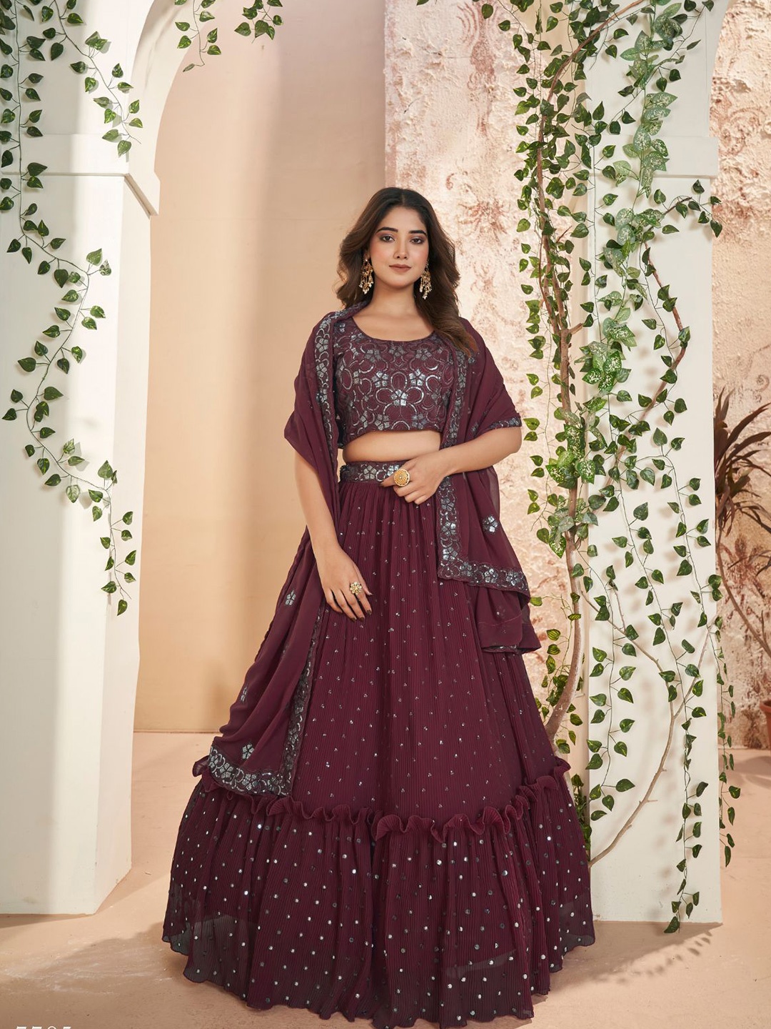 

ODETTE Embellished Sequinned Semi-Stitched Lehenga & Blouse With Dupatta, Maroon