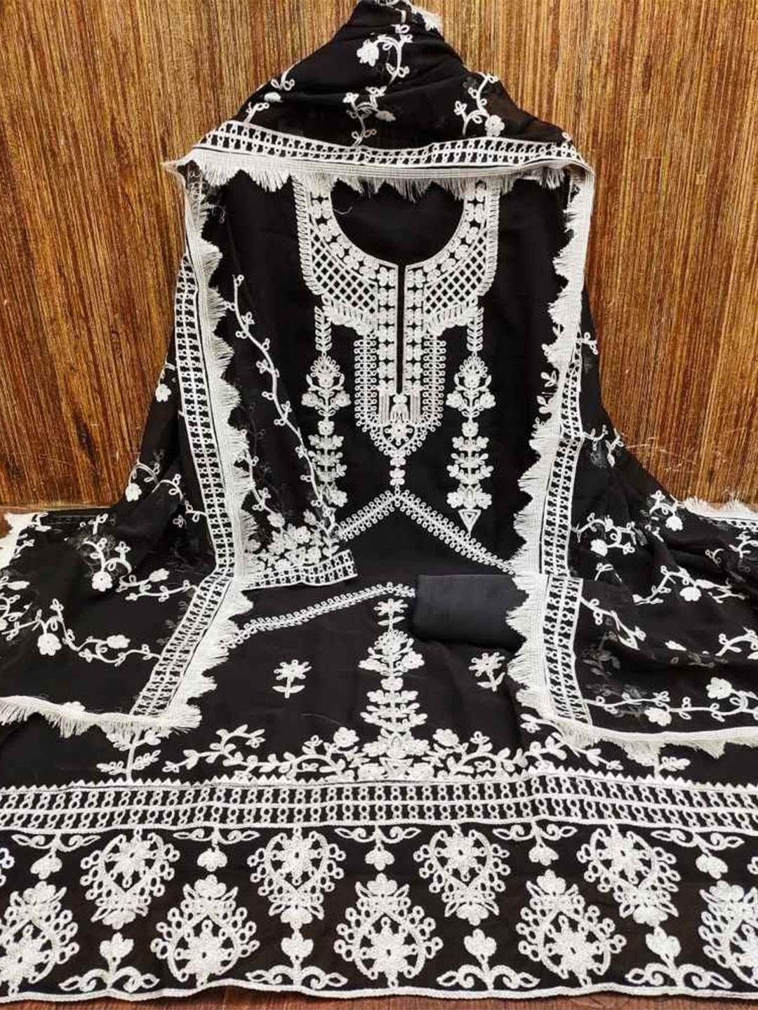 

faxofab Embroidered Silk Georgette Unstitched Dress Material, Black
