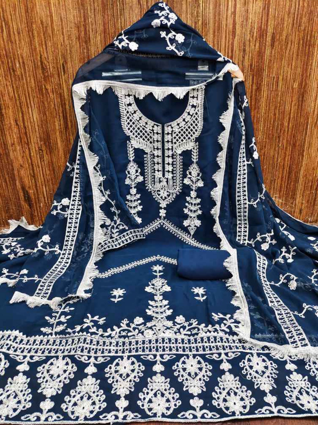 

faxofab Embroidered Silk Georgette Unstitched Dress Material, Navy blue