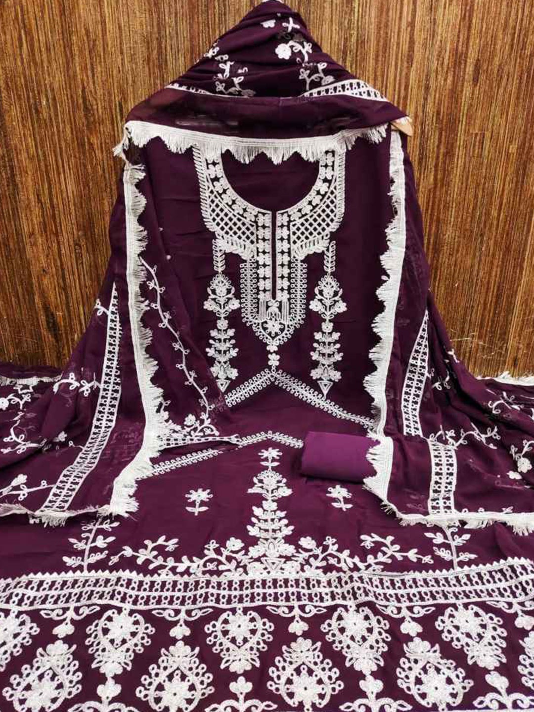 

faxofab Ethnic Motifs Embroidered Silk Georgette Unstitched Dress Material, Purple