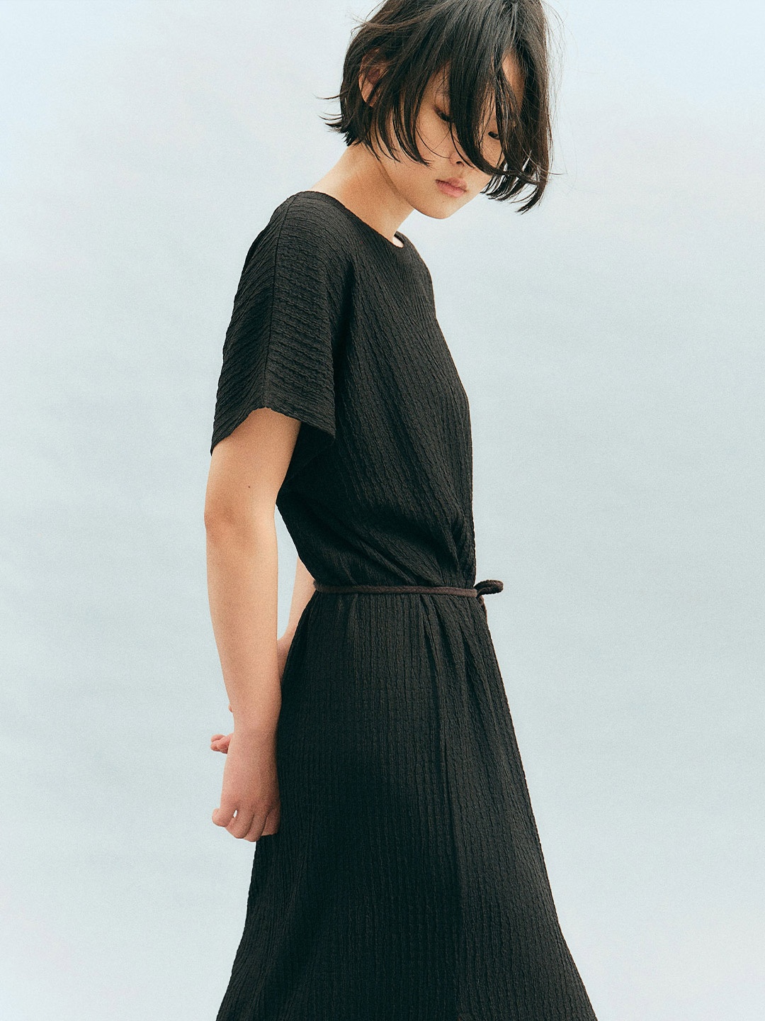 

H&M Tie-Belt Textured Jersey Dress, Black
