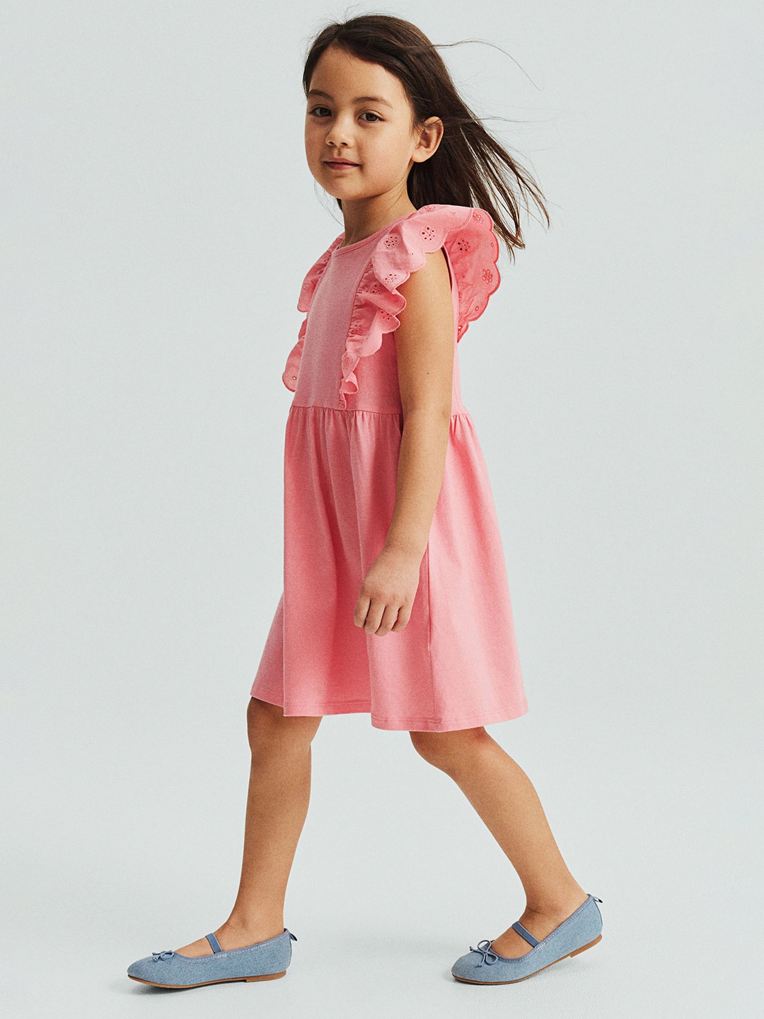 

H&M Girls Cotton Flounce-Trimmed Jersey Dress, Pink