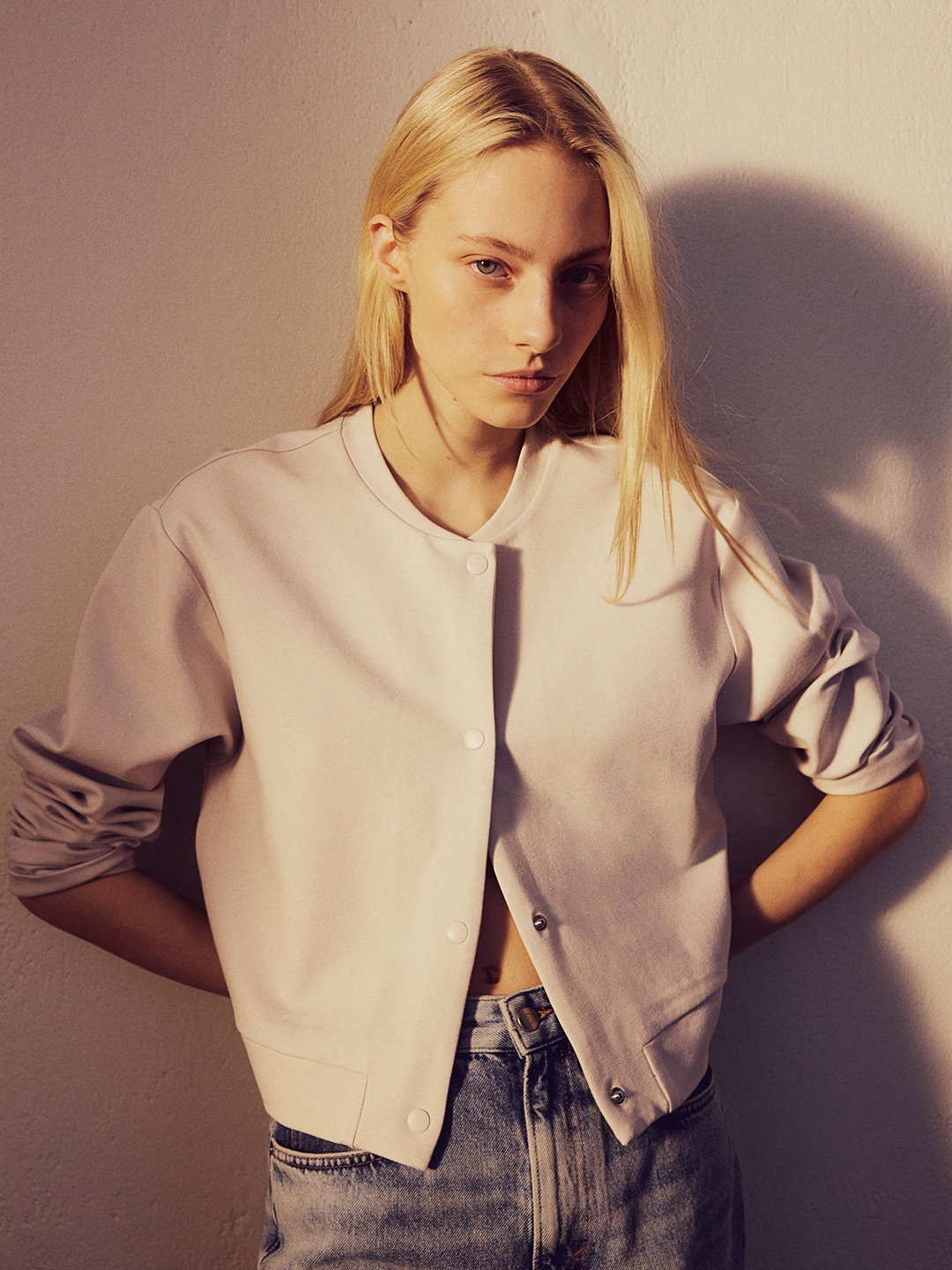 

H&M Bomber-Style Jersey Cardigan, Beige