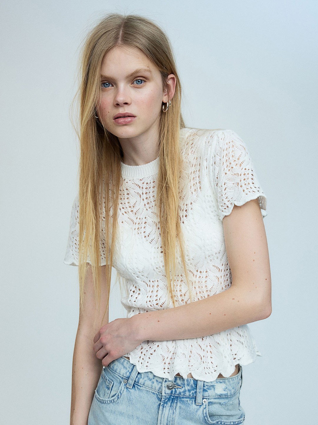 

H&M Tie-Detail Pointelle-Knit Top, White