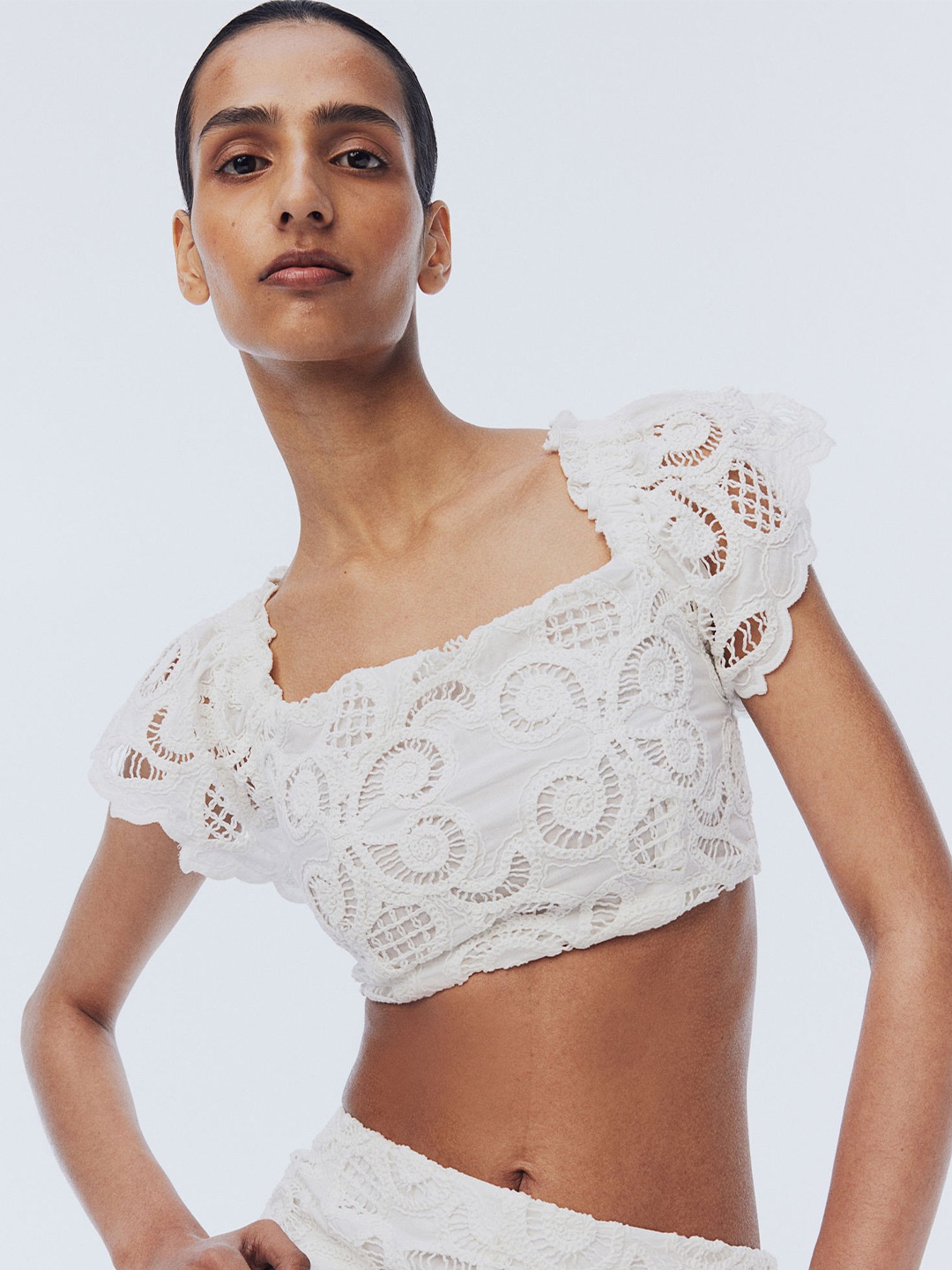 

H&M Pure Cotton Embroidered Cropped Top, White