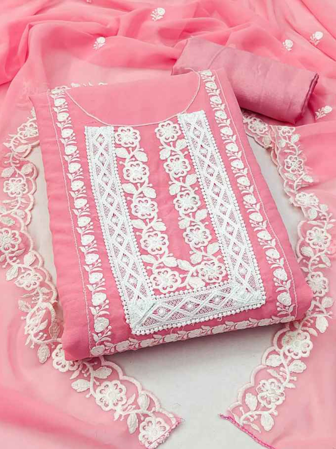 

faxofab Ethnic Motifs Embroidered Silk Georgette Unstitched Dress Material, Pink