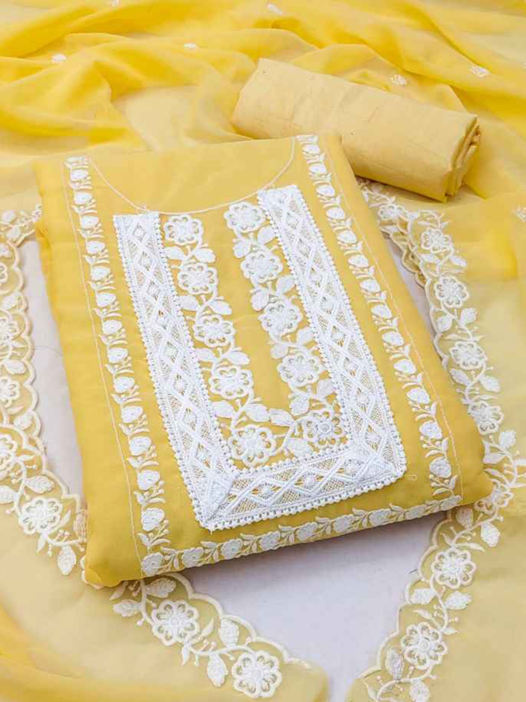 

faxofab Ethnic Motifs Embroidered Silk Georgette Unstitched Dress Material, Yellow