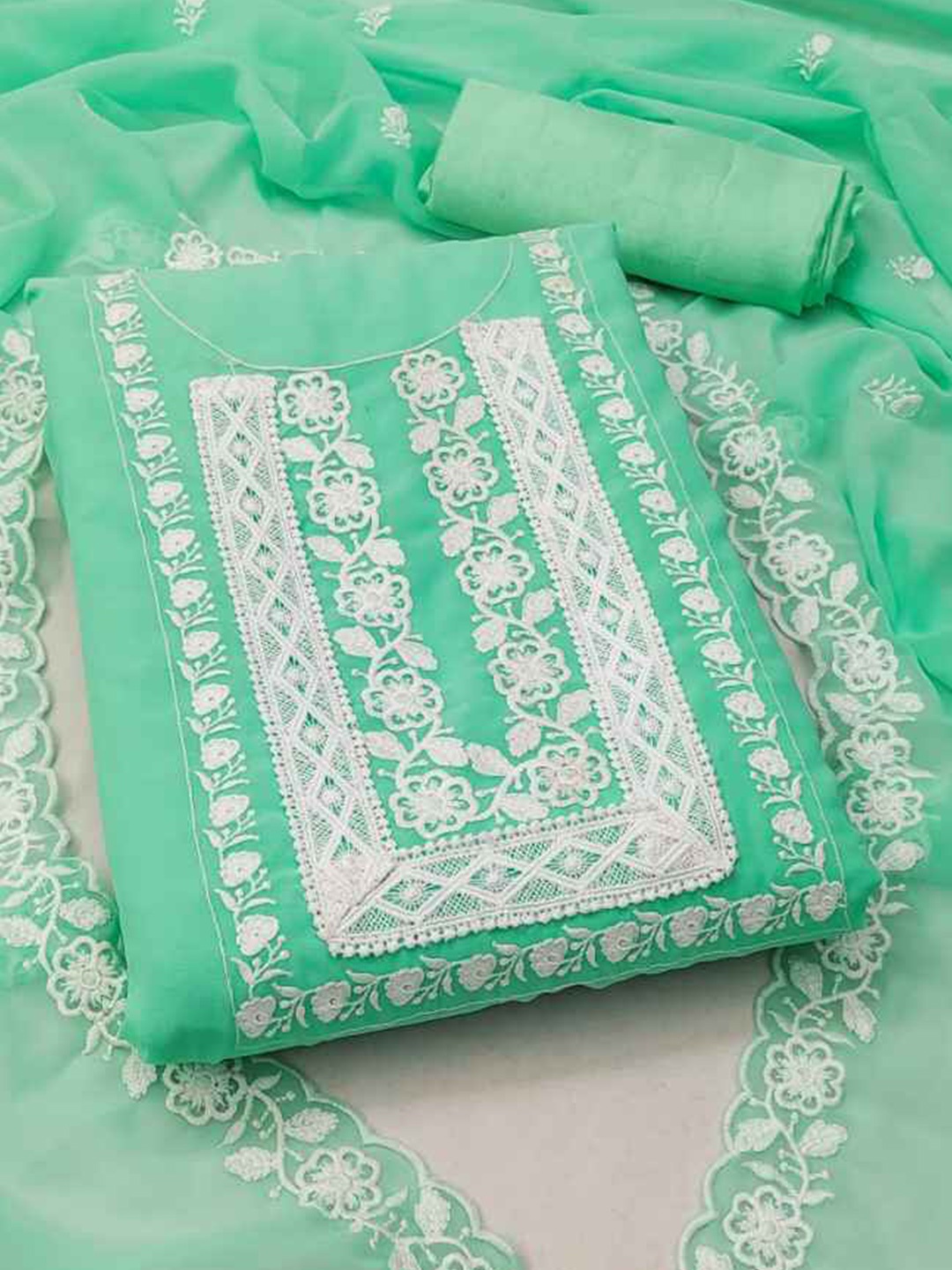 

faxofab Floral Embroidered Silk Georgette Unstitched Dress Material, Green