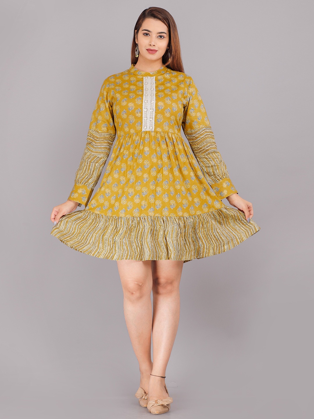 

HIGHLIGHT FASHION EXPORT Print Mandarin Collar Bell Sleeve Cotton Top, Yellow