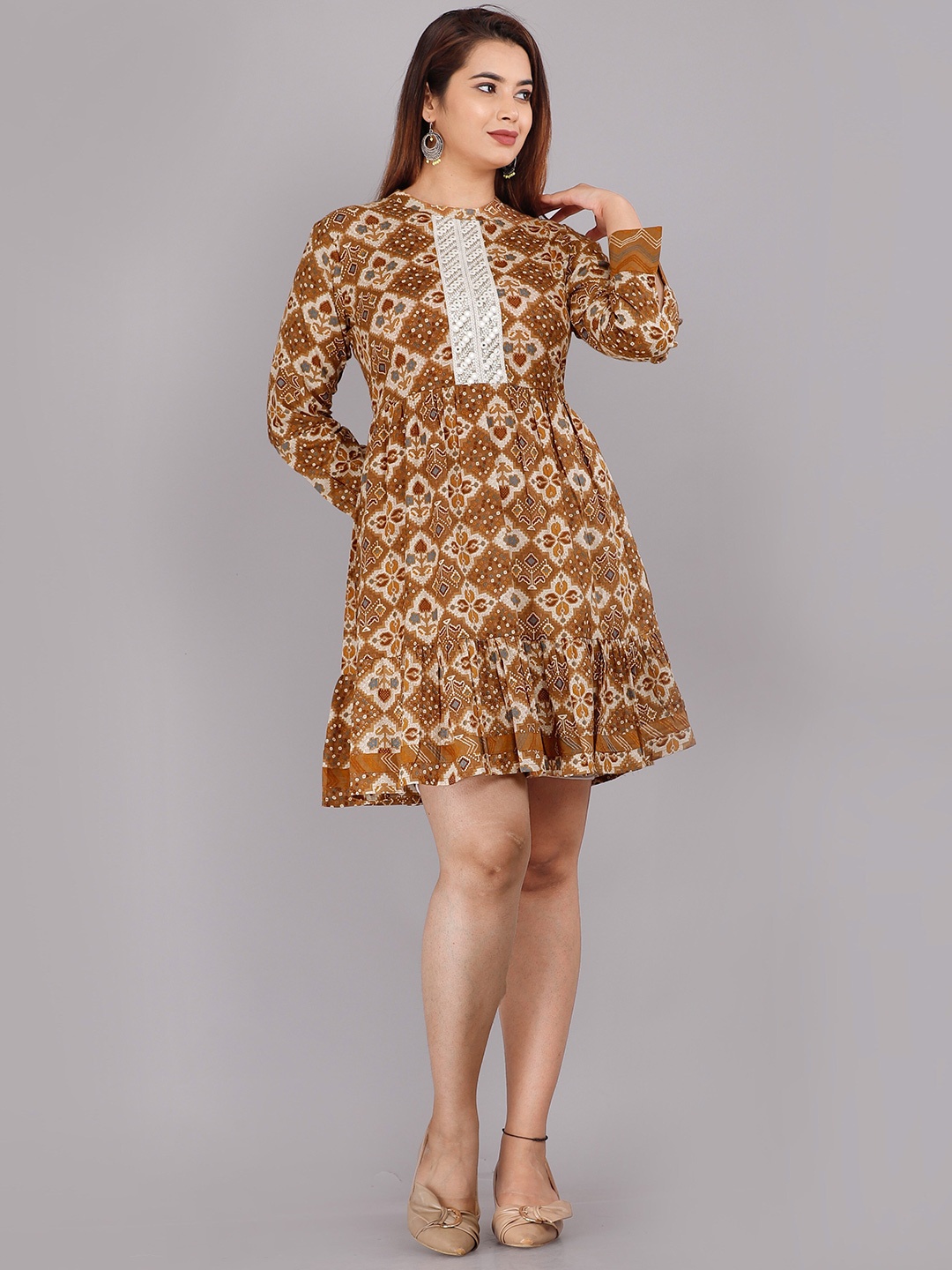 

HIGHLIGHT FASHION EXPORT Print Mandarin Collar Cotton Longline Top, Brown