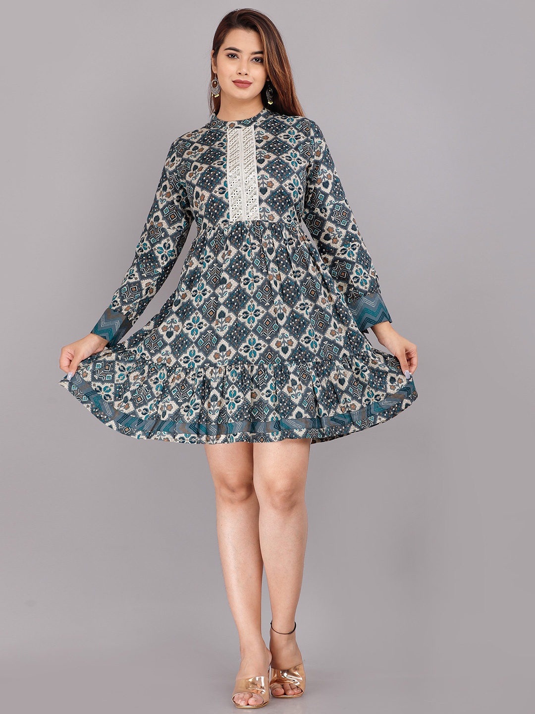 

HIGHLIGHT FASHION EXPORT Print Mandarin Collar Puff Sleeve Cotton Top, Blue