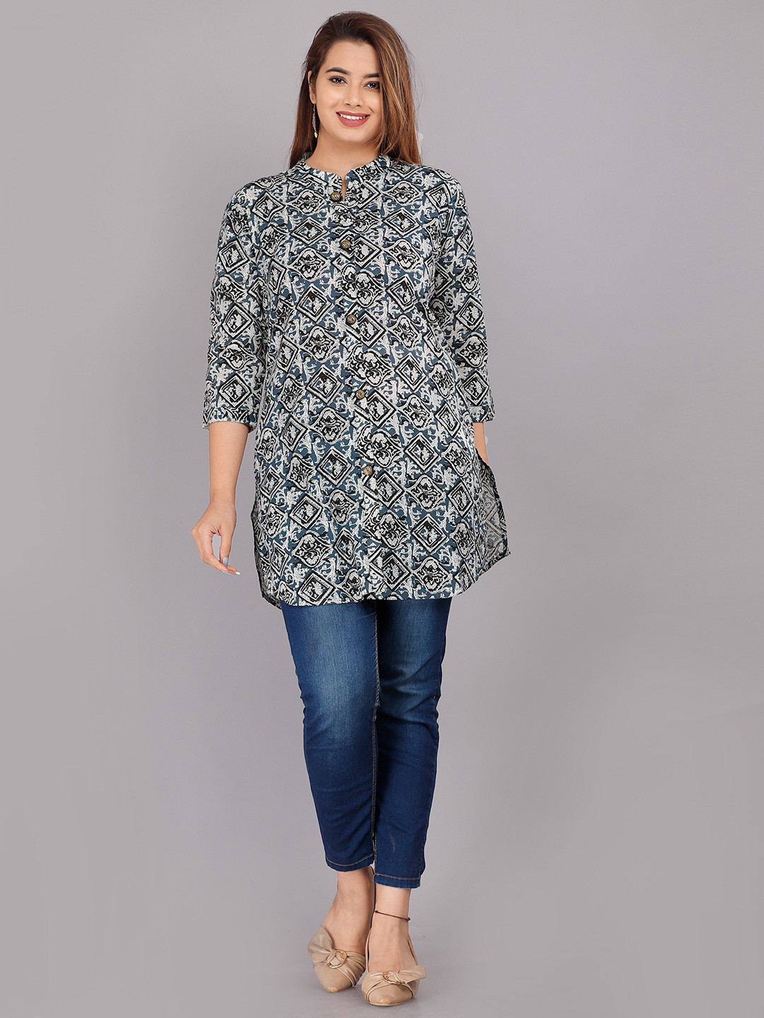 

HIGHLIGHT FASHION EXPORT Floral Print Mandarin Collar Cotton Shirt Style Top, Grey