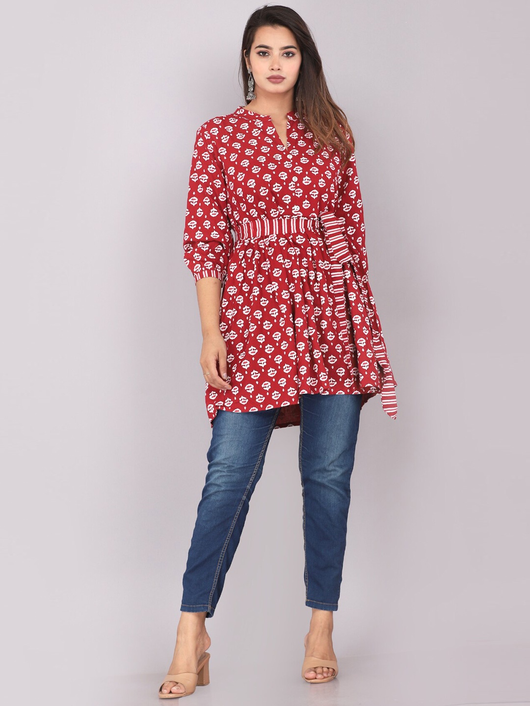 

HIGHLIGHT FASHION EXPORT Floral Print Mandarin Collar Top, Maroon