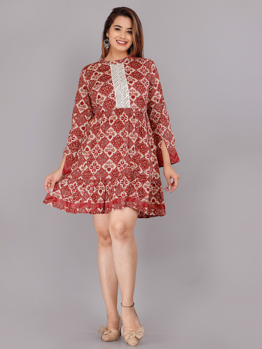 

HIGHLIGHT FASHION EXPORT Print Mandarin Collar Cotton Top, Rust