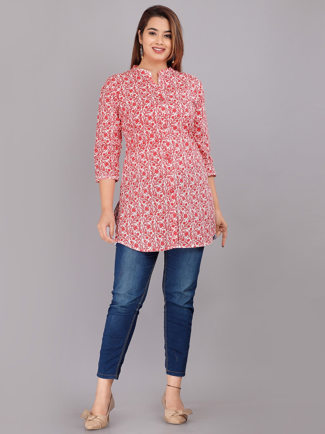 

HIGHLIGHT FASHION EXPORT Floral Print Cotton Shirt Style Top, Peach