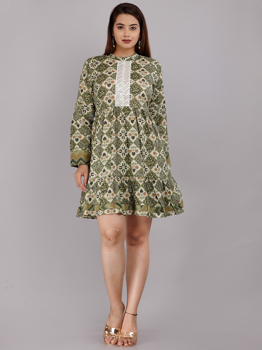 

HIGHLIGHT FASHION EXPORT Print Mandarin Collar Cotton Top, Green