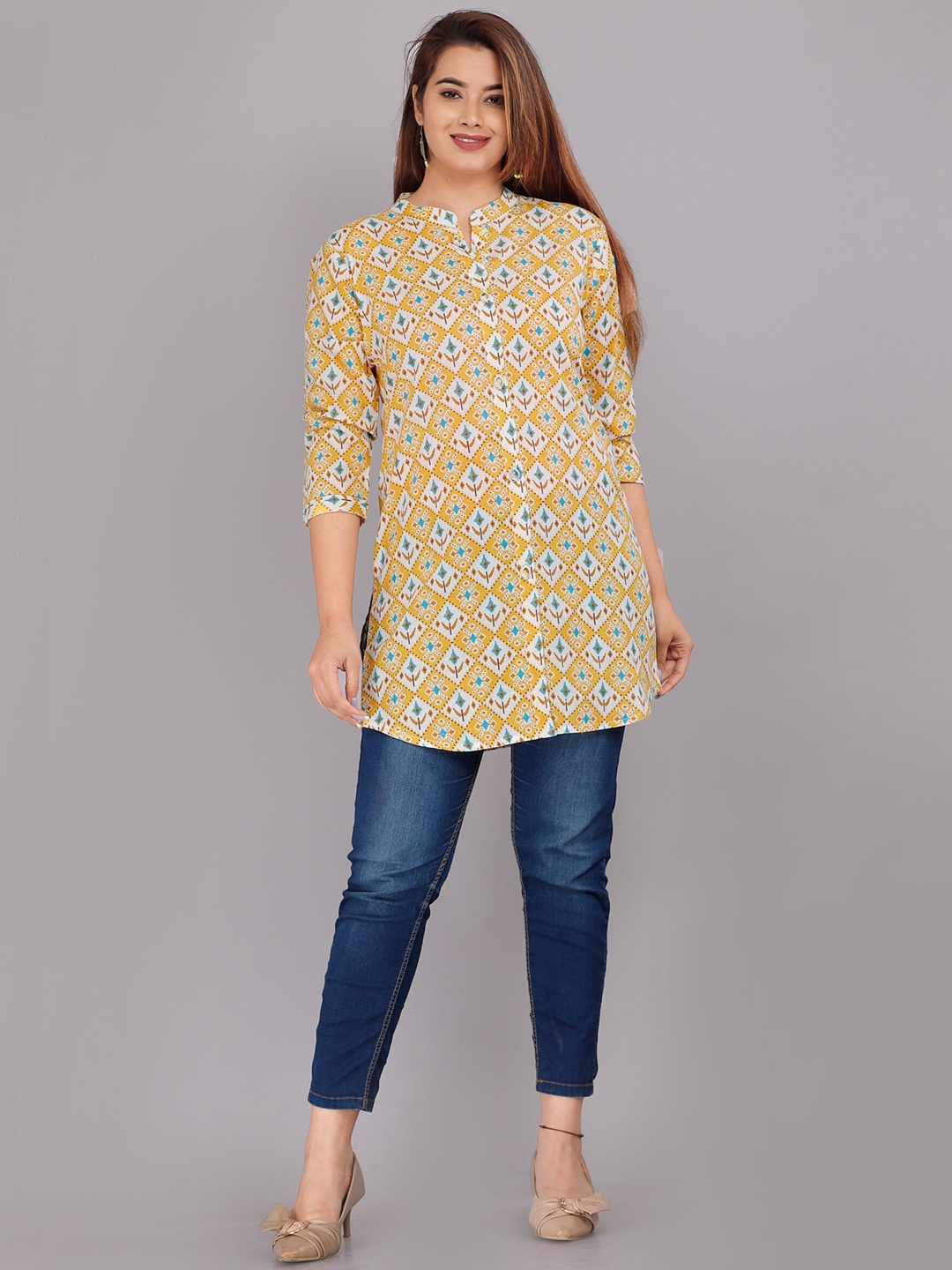 

HIGHLIGHT FASHION EXPORT Geometric Print Cotton Top, Yellow
