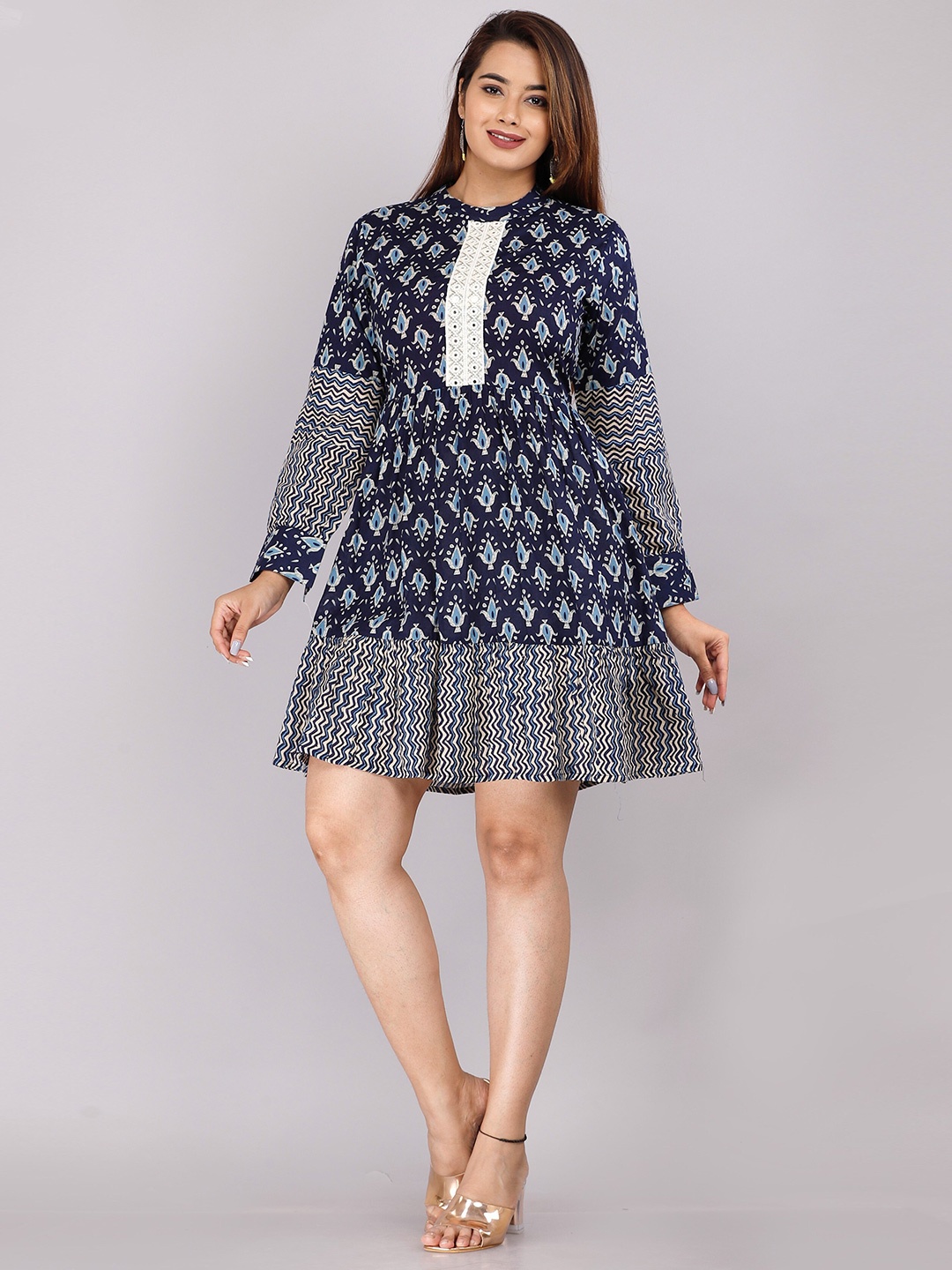 

HIGHLIGHT FASHION EXPORT Print Mandarin Collar Bell Sleeve Cotton Top, Blue