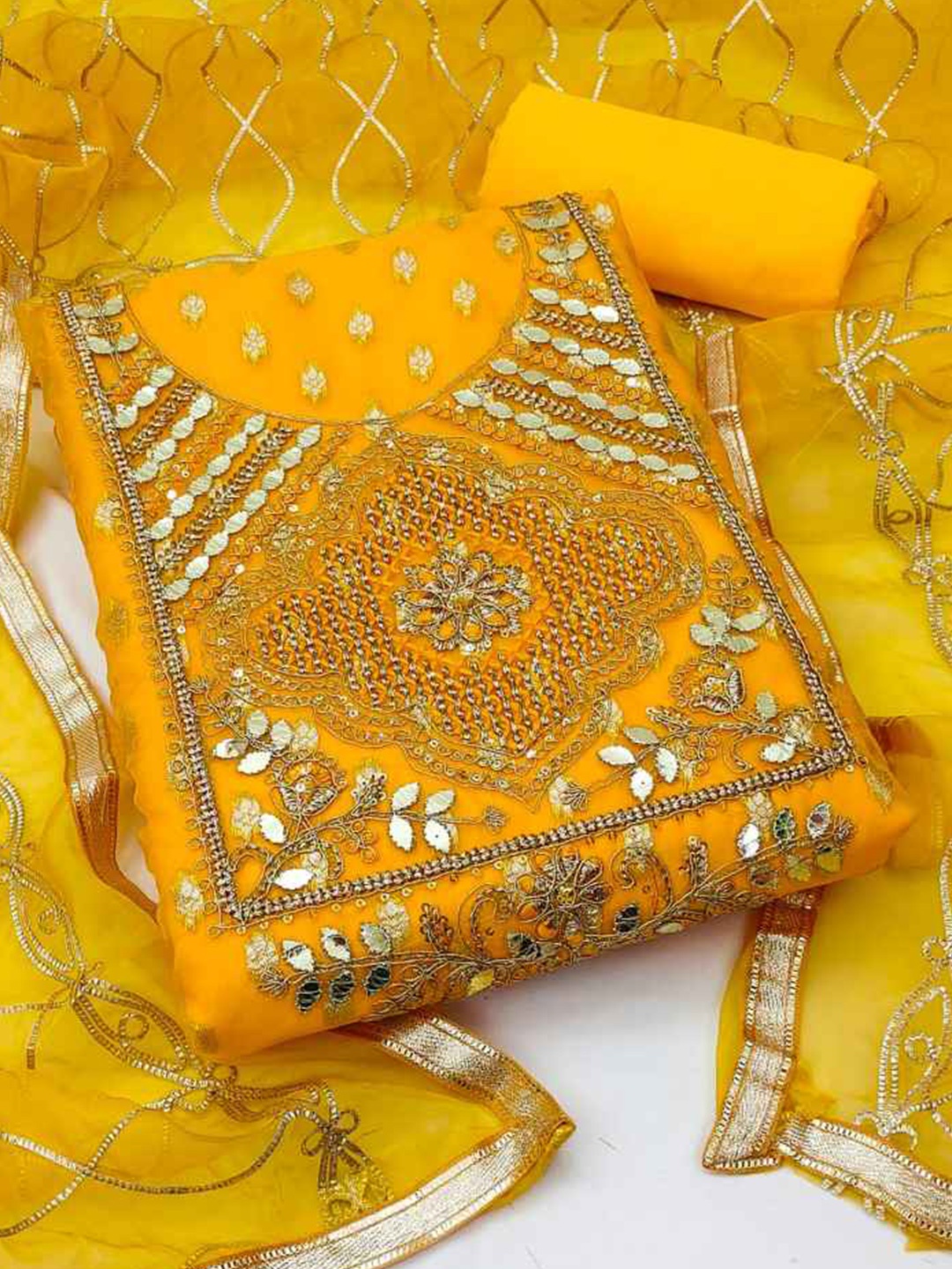 

faxofab Embroidered Silk Georgette Unstitched Dress Material, Yellow