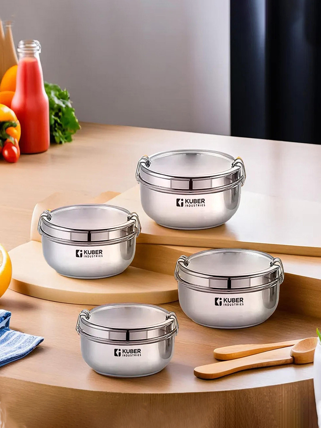 

Kuber Industries Set of 4 Stainless Steel Lunch Box, Silver