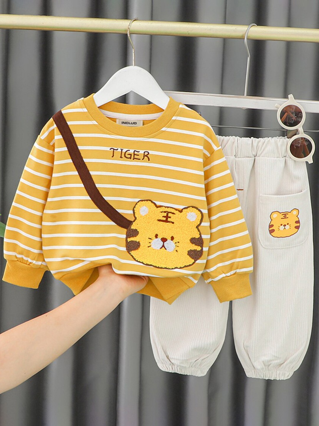 

INCLUD Girls Striped Sweatshirt with Corduroy Pants Set, Yellow