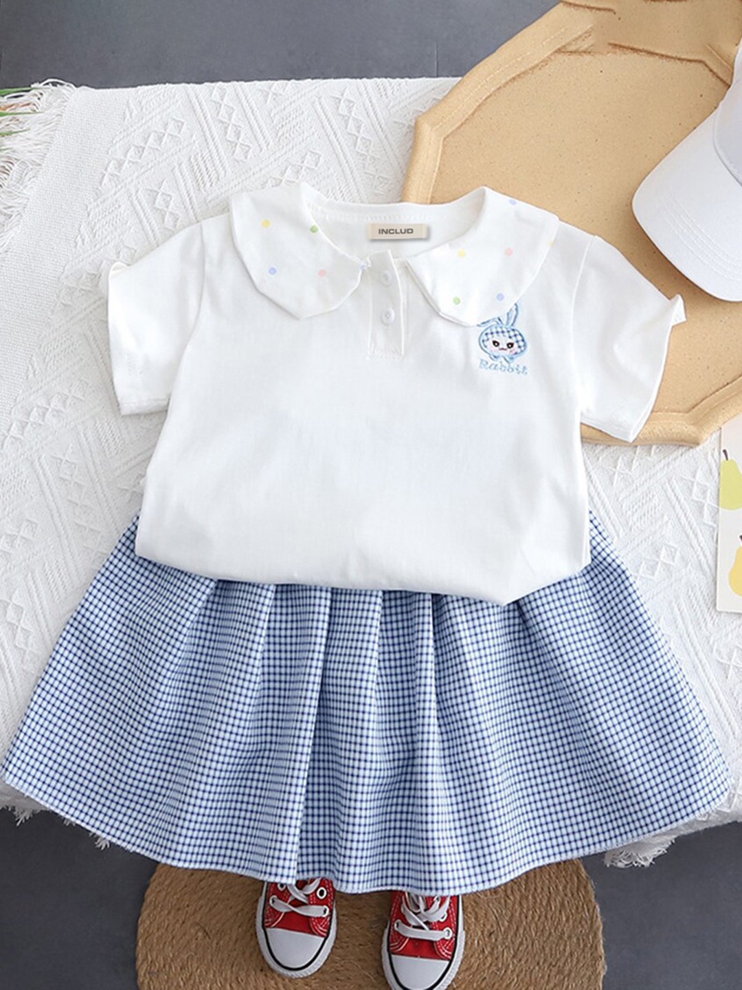 

INCLUD Girls Peter Pan Collar Top With Checked Skirt, Blue