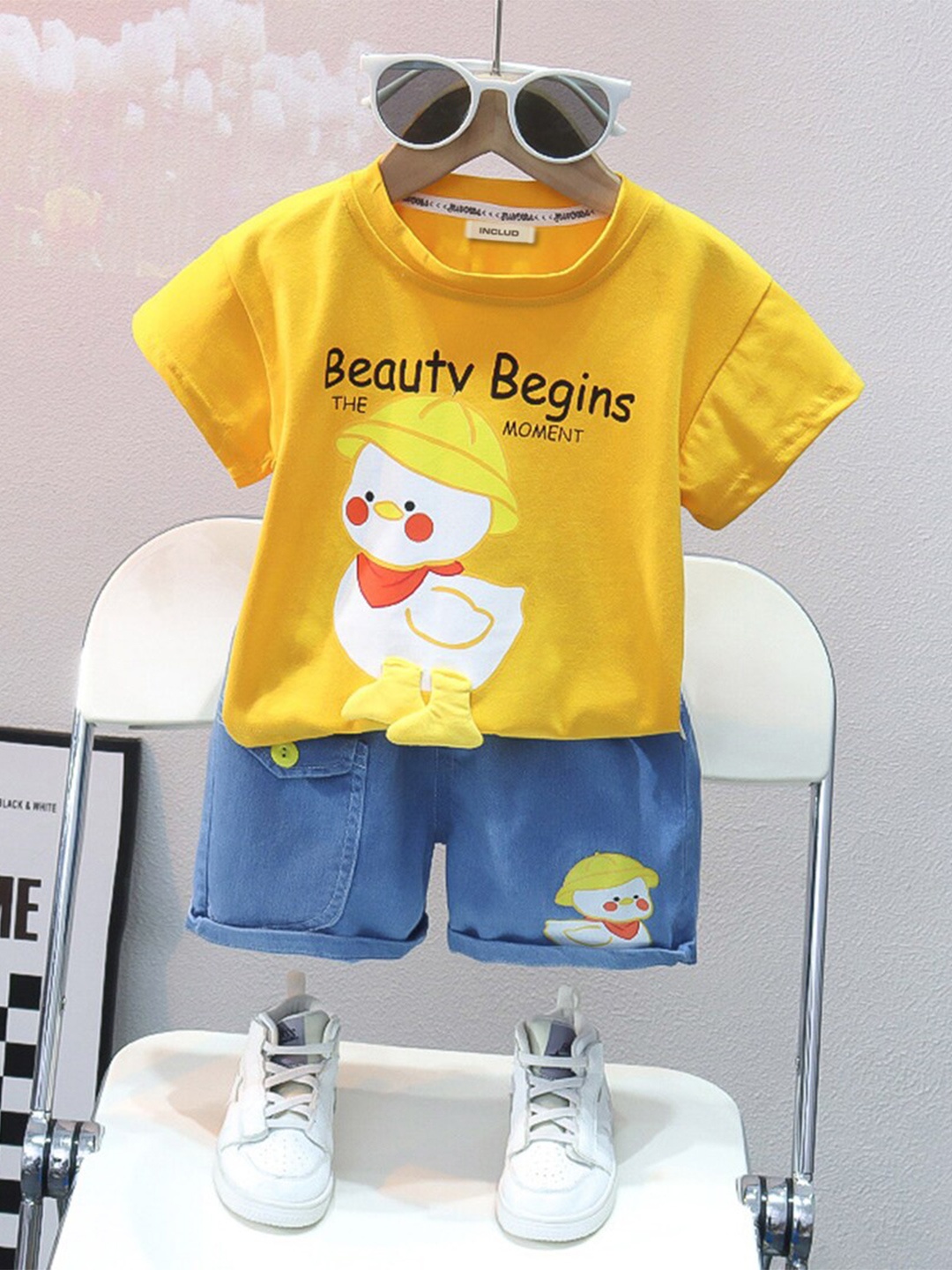 

INCLUD Girls Printed Top with Denim Shorts, Yellow