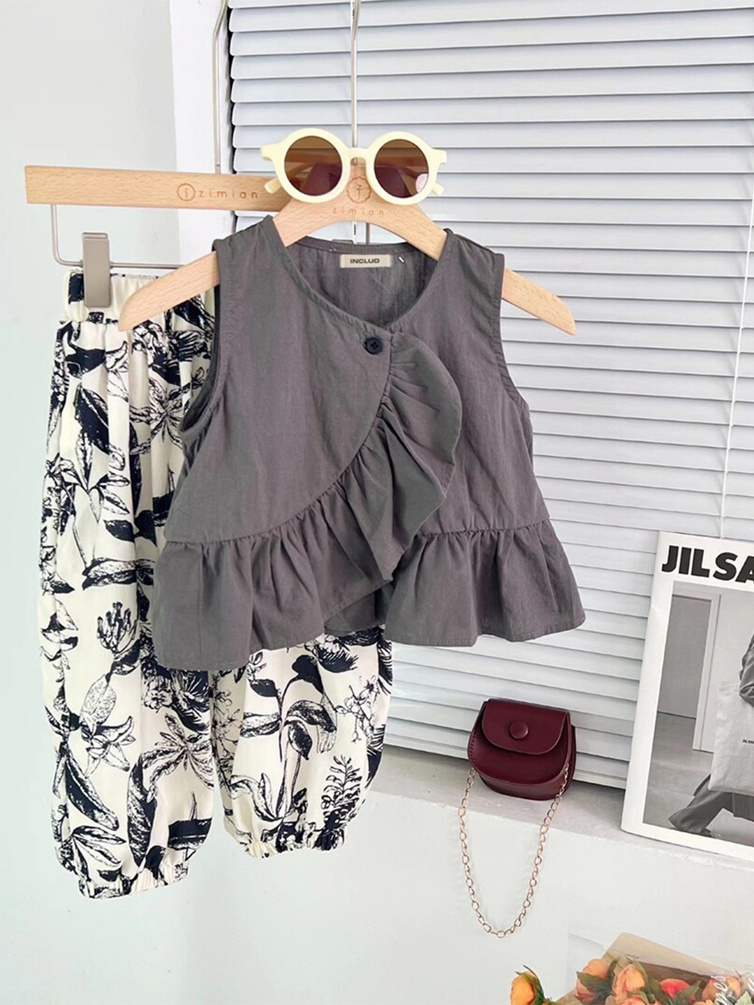 

INCLUD Girls Frill Top & Printed Trousers, Grey