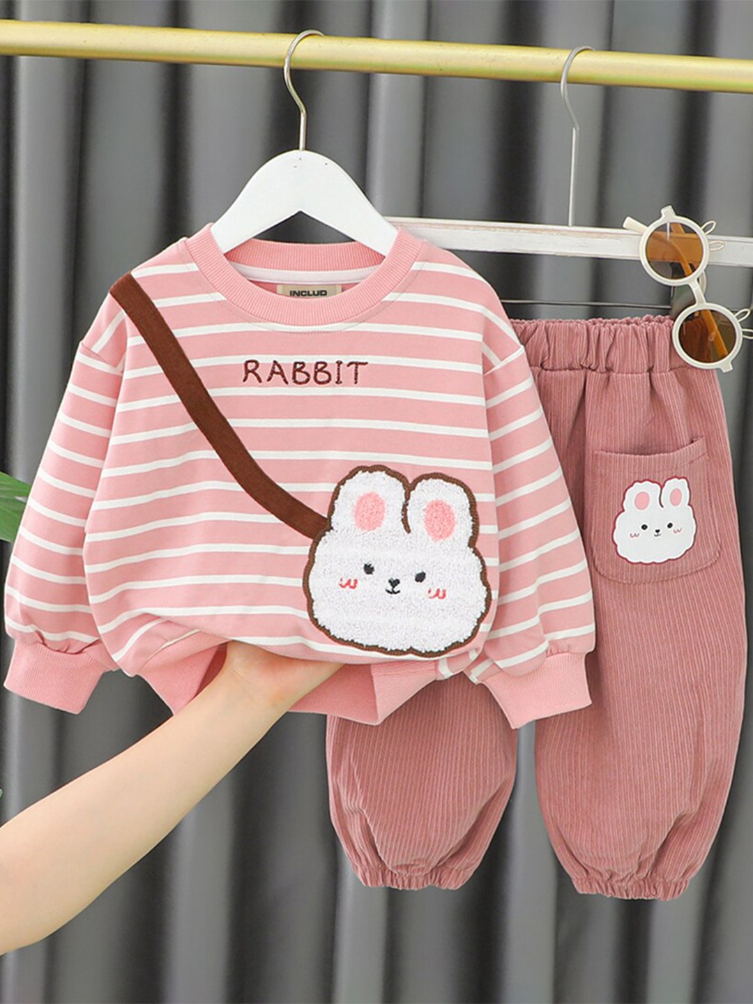INCLUD Girls Striped Sweatshirt With Jogger, Pink