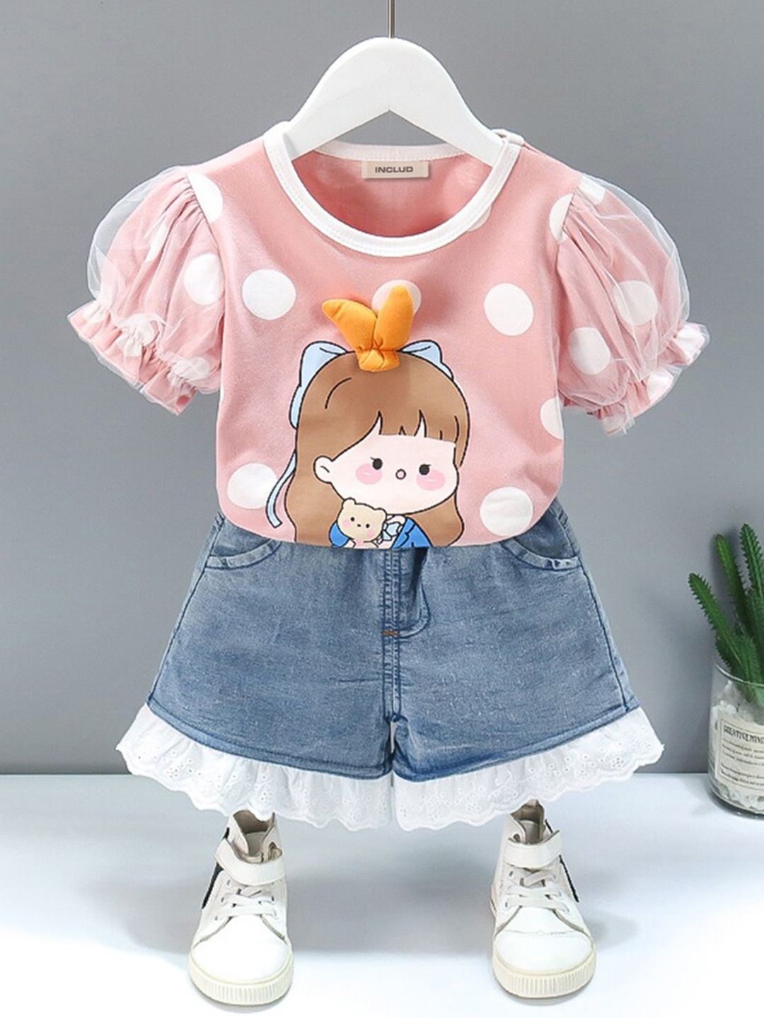 

INCLUD Girls Printed T-shirt with Denim Shorts, Pink