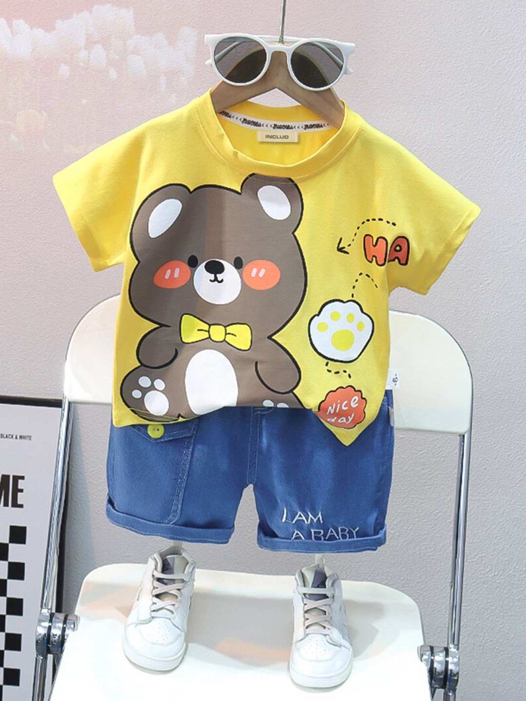 

INCLUD Girls Printed Tshirt with Denim Shorts, Yellow