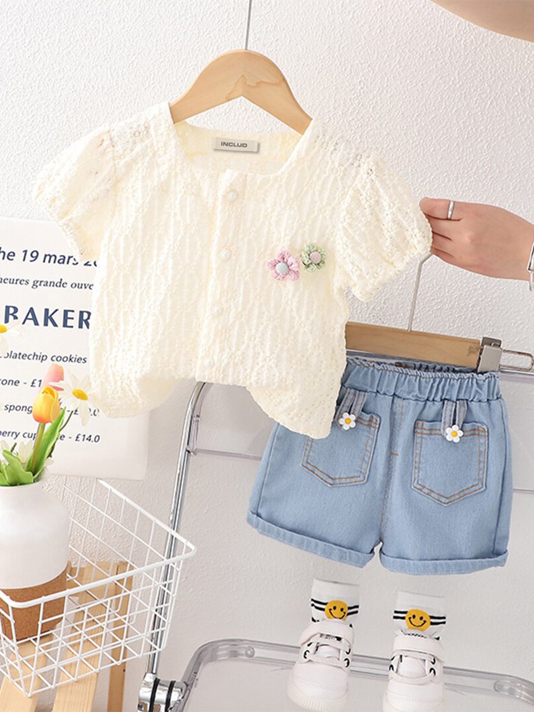 

INCLUD Girls Self Design Cotton Top with Denim Shorts, Off white