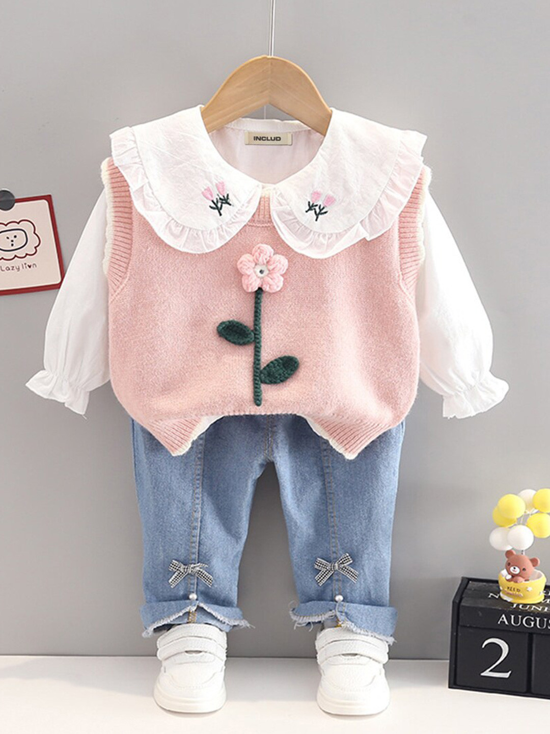 

INCLUD Girls Sleeveless Top & Pullover with Denim Trouser, Pink