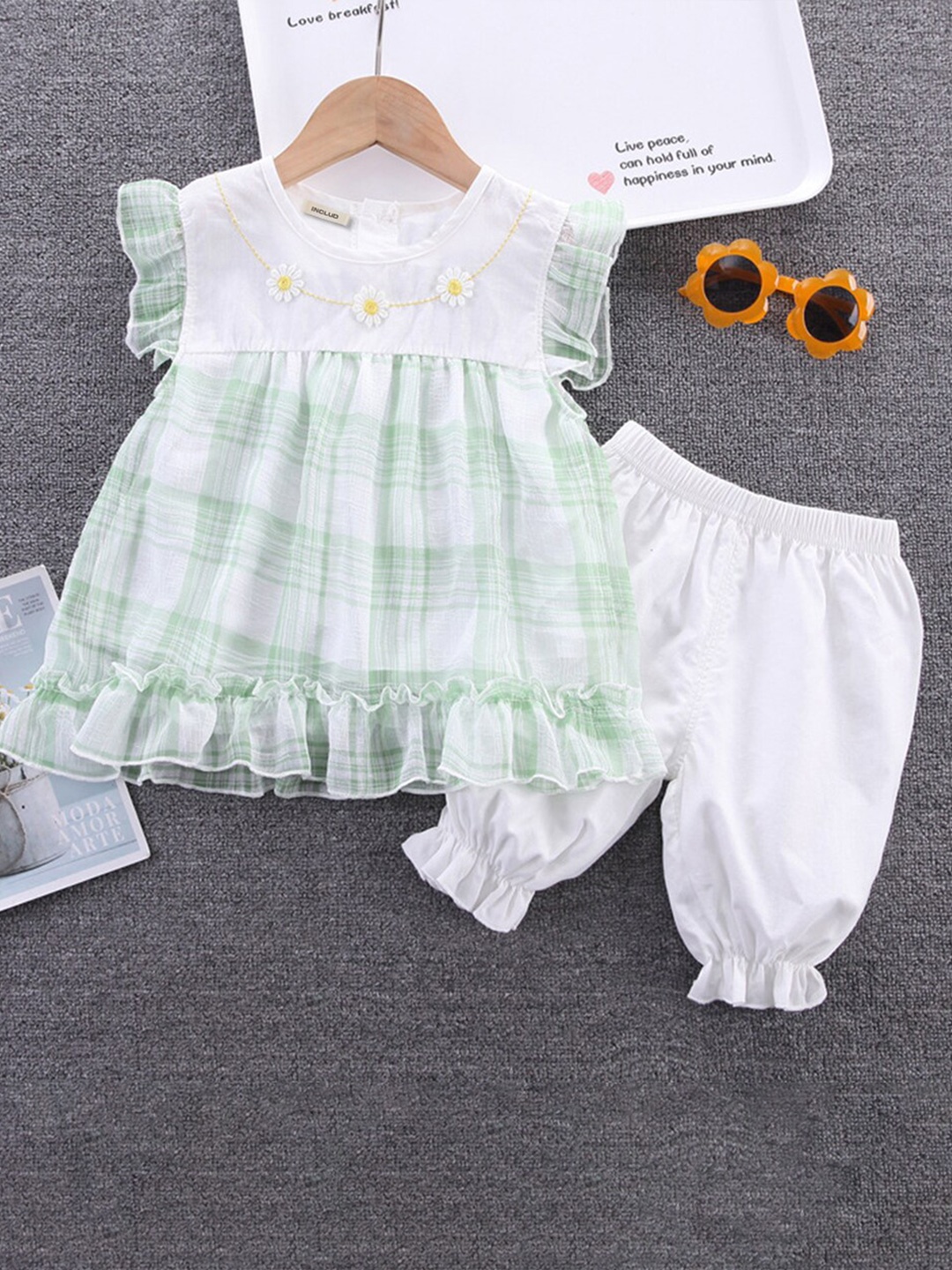 

INCLUD Girls Checked Ruffled Tunic With Trouser, Green