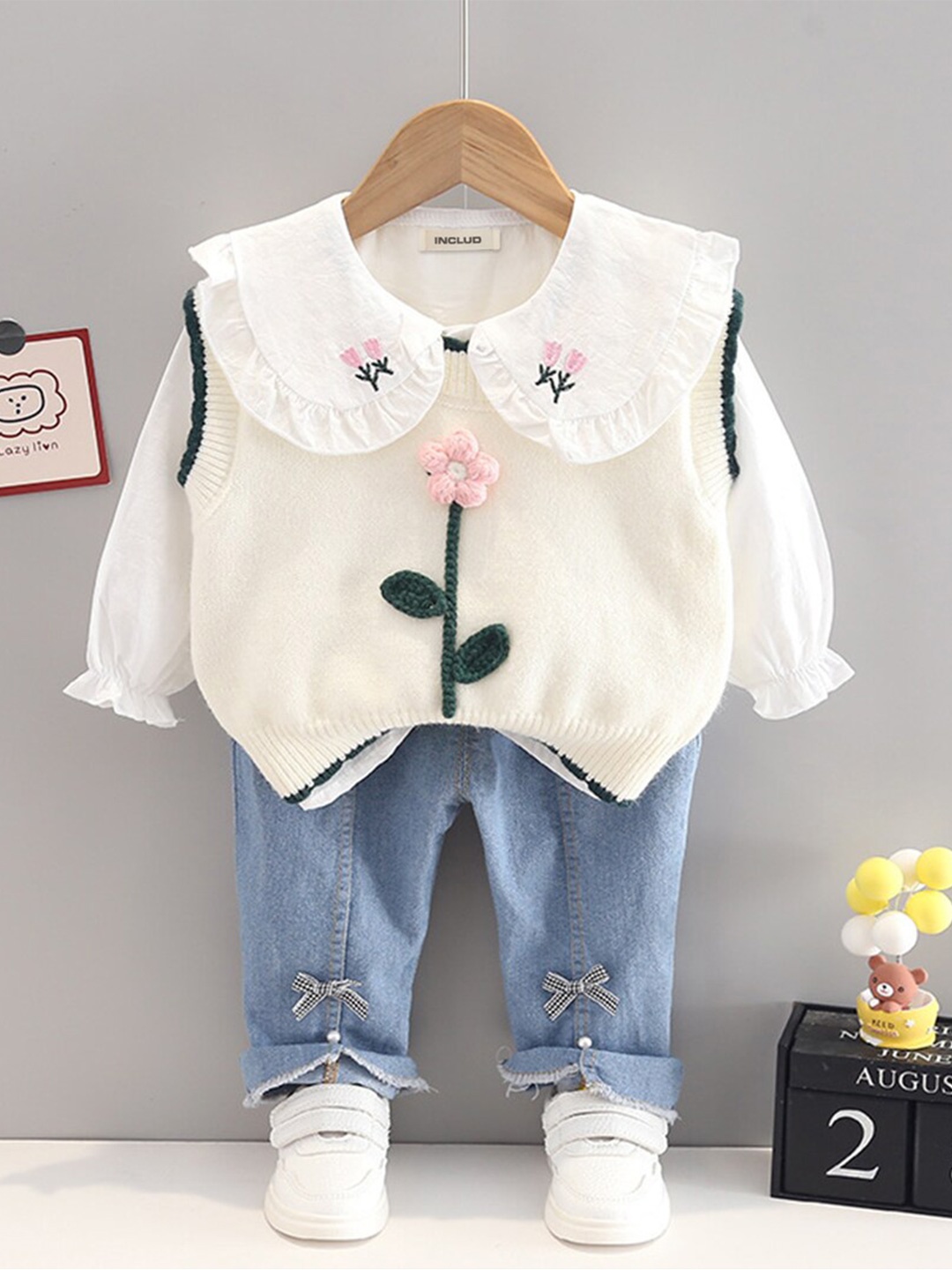 

INCLUD Girls Embroidered Peter Pan Collar Top With Pullover & Denims, Off white