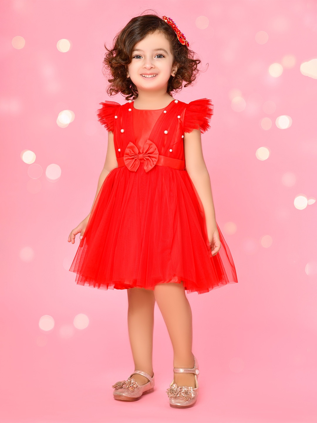 

SAKA DESIGNS Puff Sleeve Net Fit & Flare Dress, Red