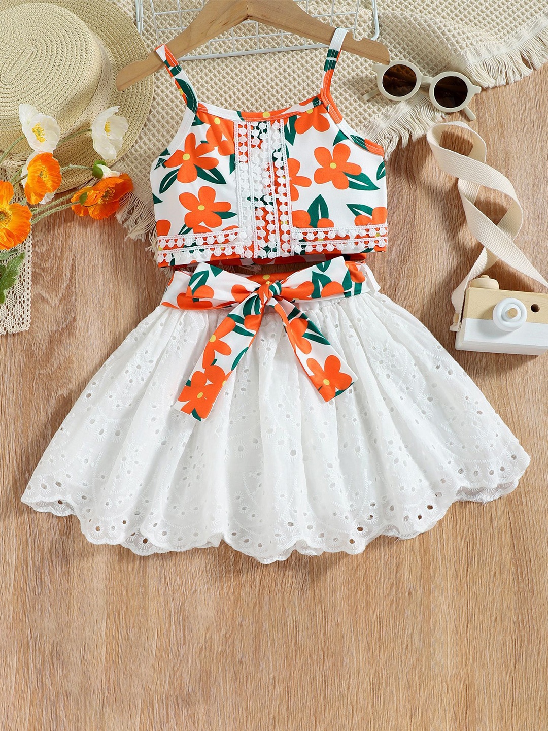 

INCLUD Girls Floral Printed Lace Top With Tie Up Skirt, Orange