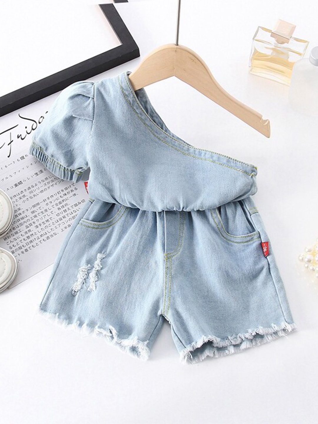 

INCLUD Girls Denim One-Shoulder Top with Shorts, Blue