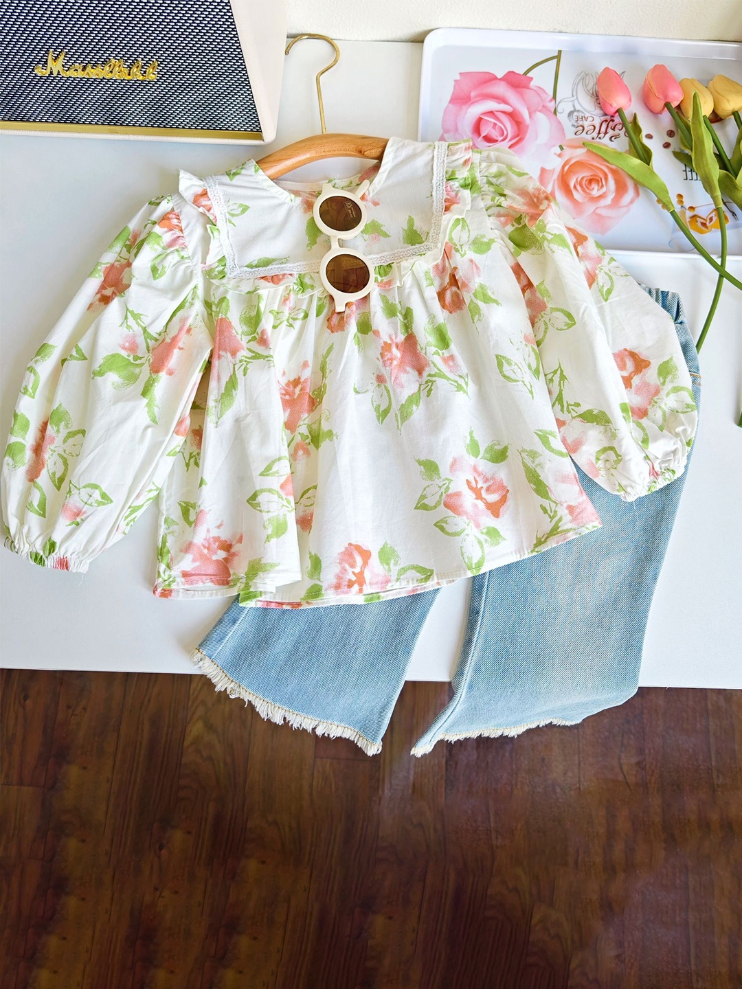 

INCLUD Girls Floral Printed Top With Trousers, Off white