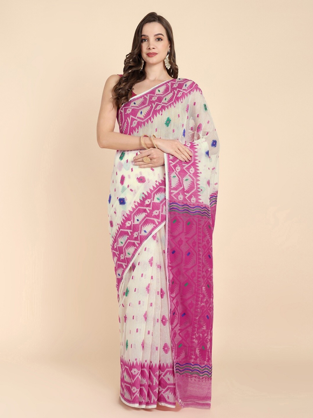 

Bong ButiQ Ethnic Motifs Printed Jamdani Saree, Pink