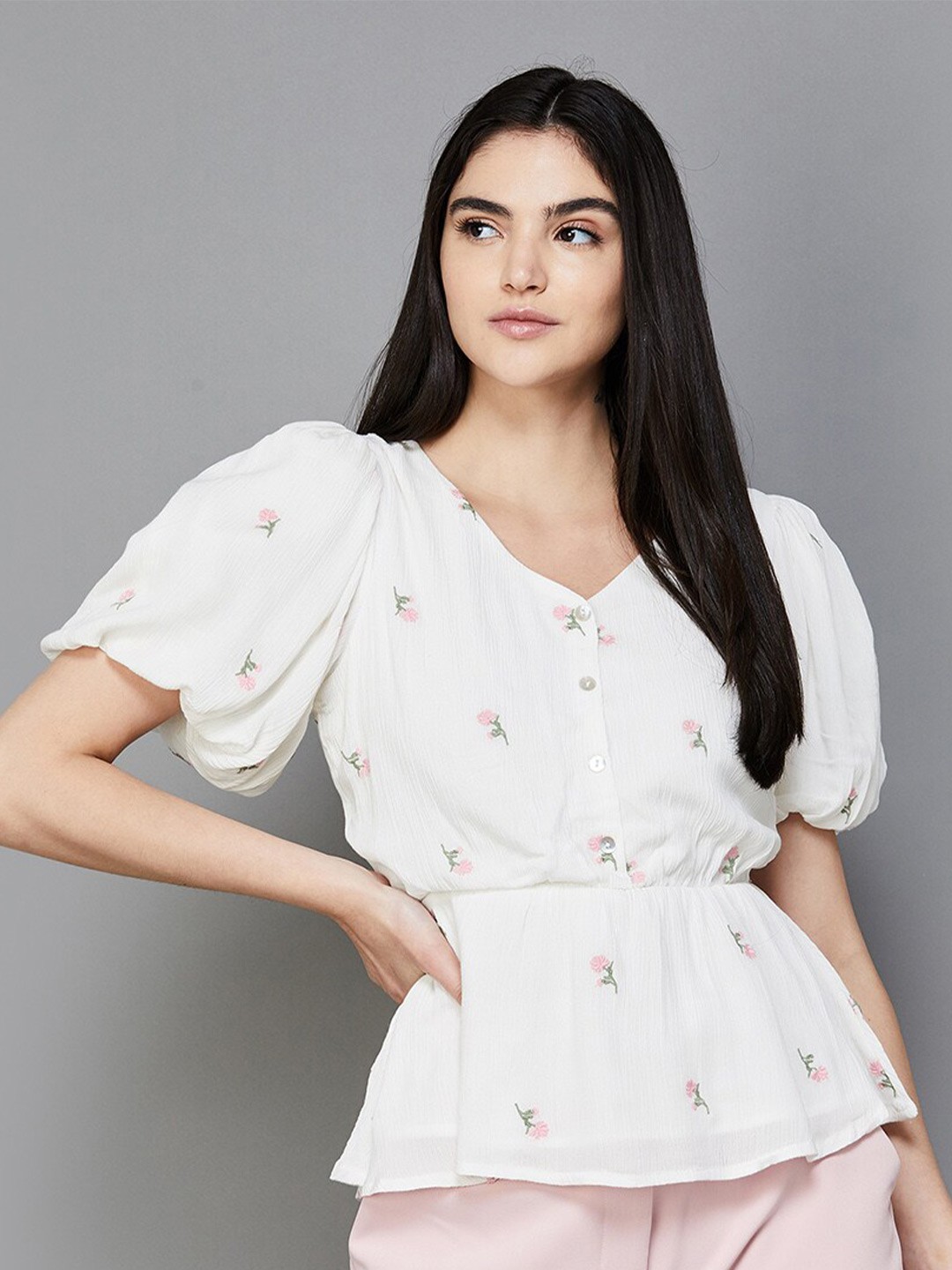 

CODE by Lifestyle Floral Print Puff Sleeve Cinched Waist Top, Off white