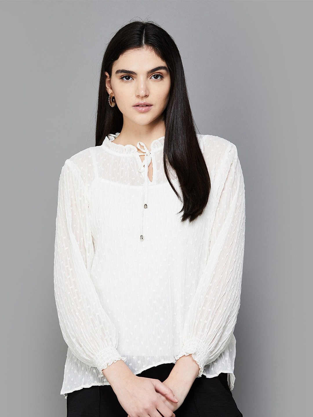 

CODE by Lifestyle Mandarin Collar Puff Sleeve Top, White