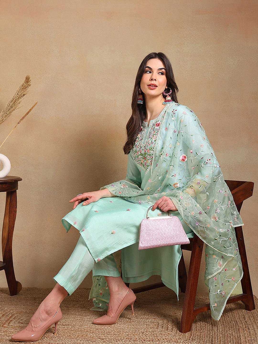 

AHIKA Floral Embroidered Kurta With Trouser & Dupatta, Sea green