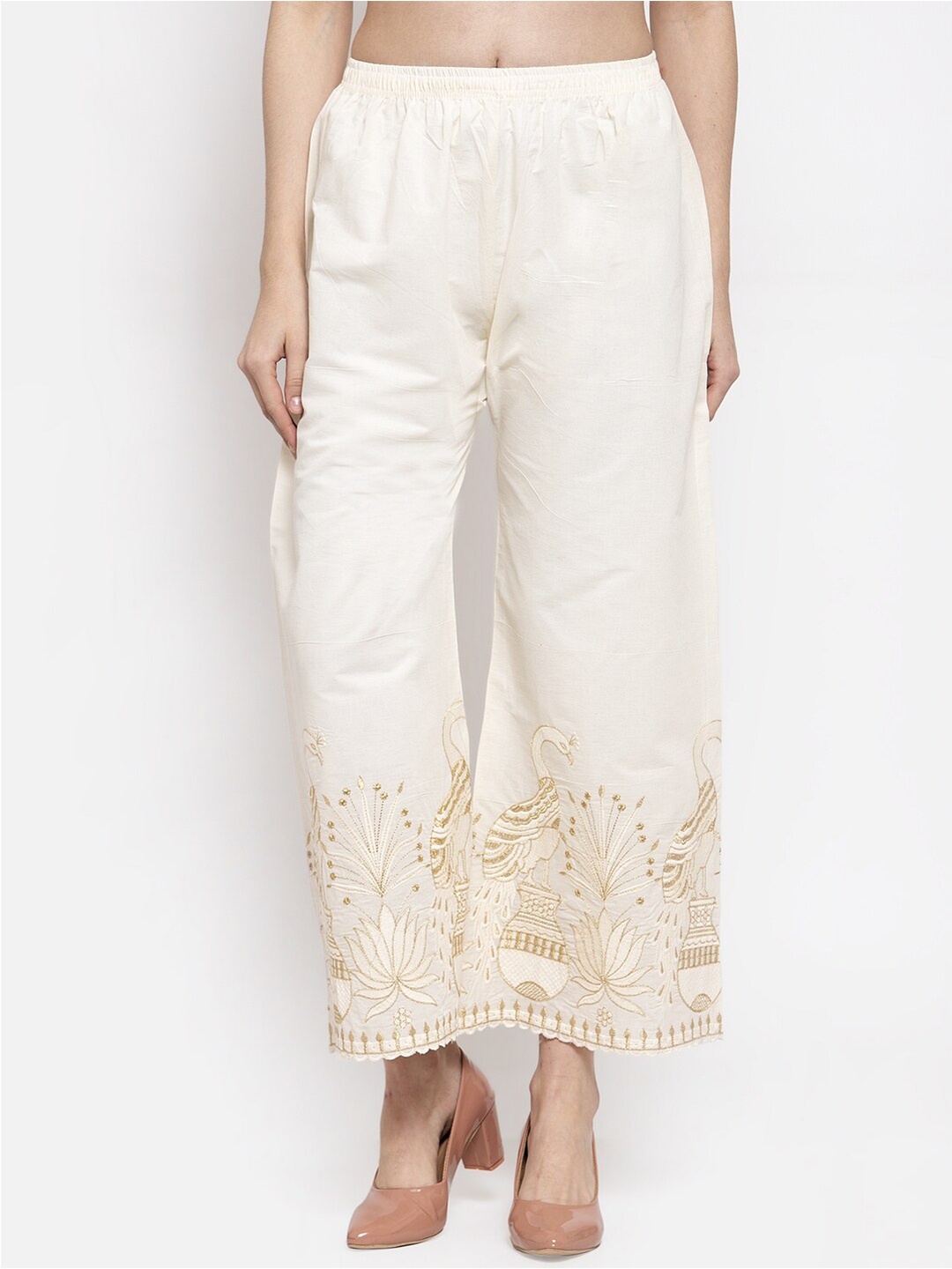 

Miaz Lifestyle Women Floral Embroidered Palazzos, Off white