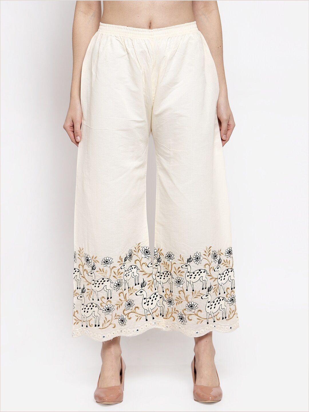 

Miaz Lifestyle Women Floral Embroidered Flared Ethnic Palazzos, Off white