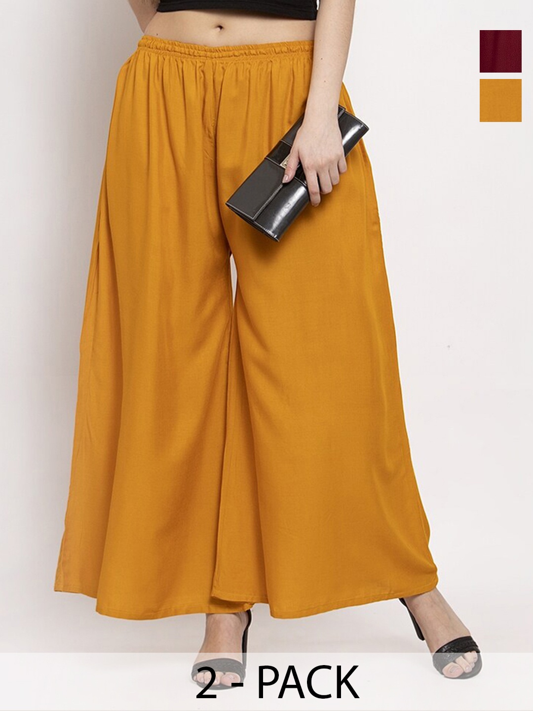 

Miaz Lifestyle Women Pack Of 2 Flared Palazzos, Mustard