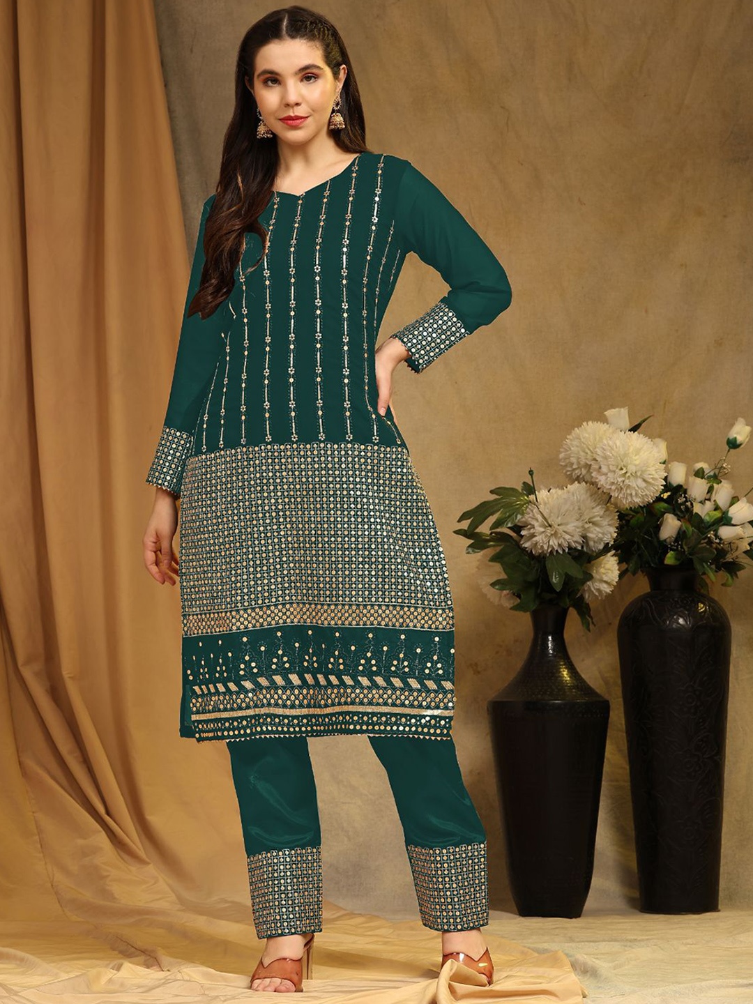 

ODETTE Ethnic Motifs Embroidered V-Neck Sequinned Georgette Kurta With Trouser & Dupatta, Green