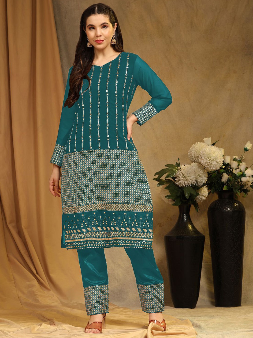 

ODETTE Embroidered Semi-Stitched Dress Material, Teal