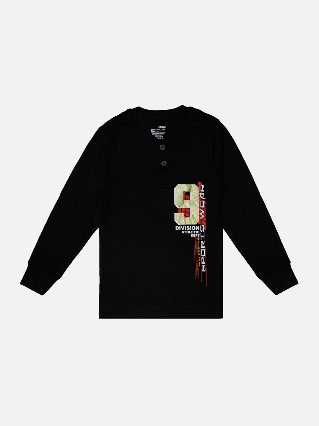 Bodycare Boys Varsity Printed Henley Neck Applique T-shirt, Black