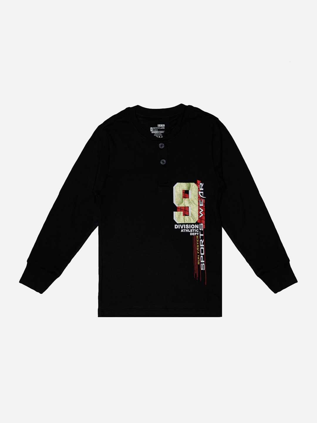 

Bodycare Boys Varsity Printed Henley Neck Applique T-shirt, Black